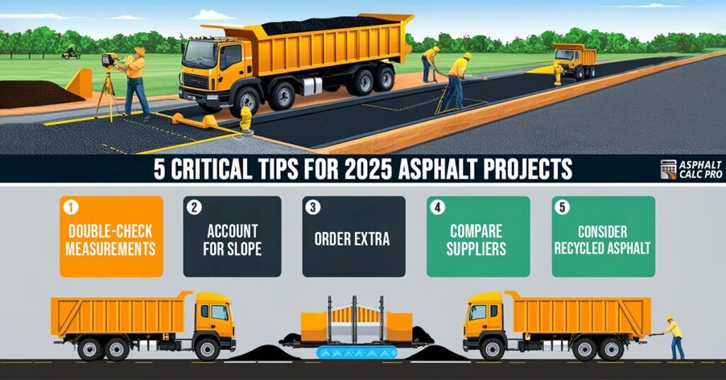 An infographic showing five essential tips for asphalt projects in 2025. The image includes a construction site with workers paving a road, a dump truck delivering asphalt, and a surveyor measuring. Below, five key tips are highlighted: Double-Check Measurements, Account for Slope, Order Extra, Compare Suppliers, and Consider Recycled Asphalt. A diagram at the bottom illustrates asphalt delivery logistics with dump trucks and compaction effects.