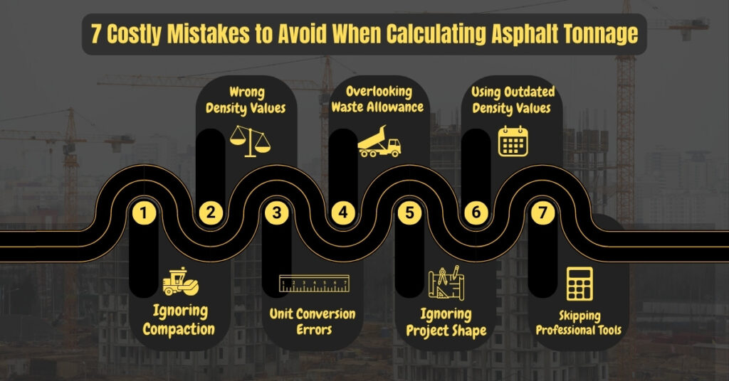 Infographic highlighting seven common mistakes in asphalt tonnage calculation, including ignoring compaction, using wrong or outdated density values, unit conversion errors, overlooking waste allowance, ignoring project shape, and skipping professional tools. The design features a winding road with numbered sections and yellow icons on a black and gold-themed background with construction cranes.