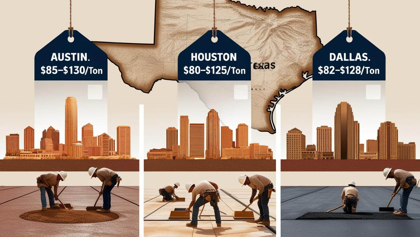 Asphalt cost per ton 2025: A comparison of asphalt prices in major Texas cities. The image shows price tags for Austin ($85-$130/ton), Houston ($80-$125/ton), and Dallas ($82-$128/ton) with city skylines, construction workers paving asphalt, and a Texas map in the background.