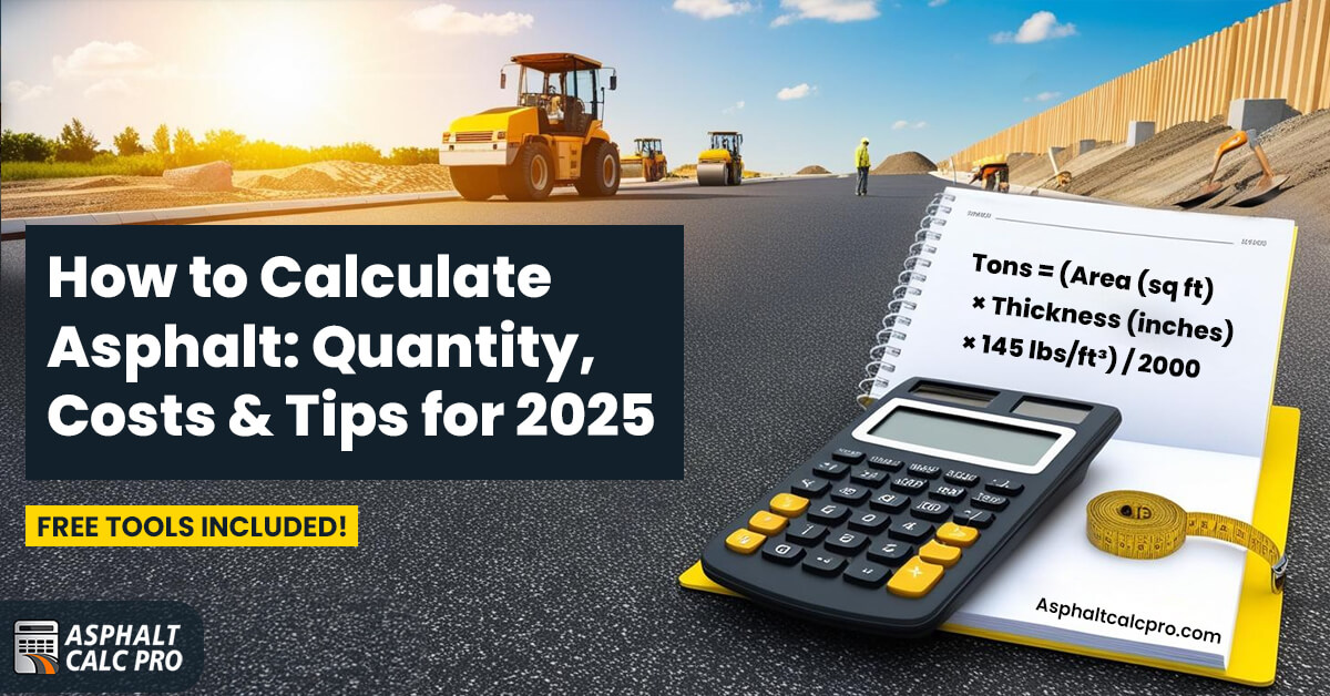 How to calculate asphalt: A guide for 2025 with quantity, costs, and tips. Image features a road construction site with heavy machinery, a calculator, a notebook with an asphalt calculation formula, and a tape measure. Free tools included by Asphalt Calc Pro.