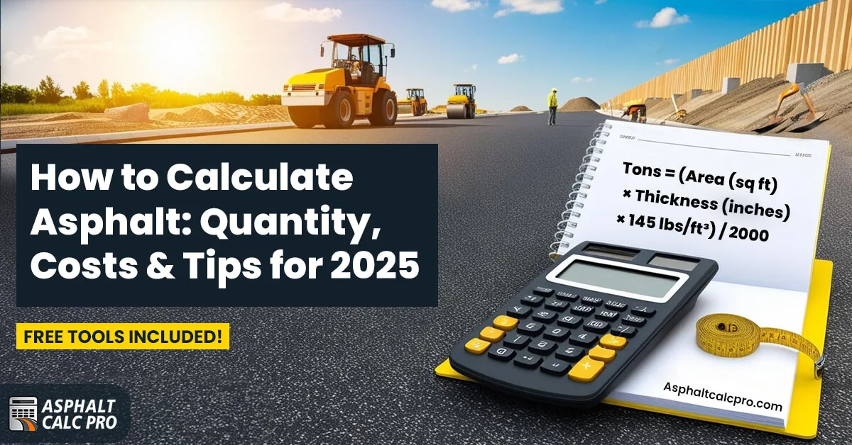 How to calculate asphalt: A guide for 2025 with quantity, costs, and tips. Image features a road construction site with heavy machinery, a calculator, a notebook with an asphalt calculation formula, and a tape measure. Free tools included by Asphalt Calc Pro.