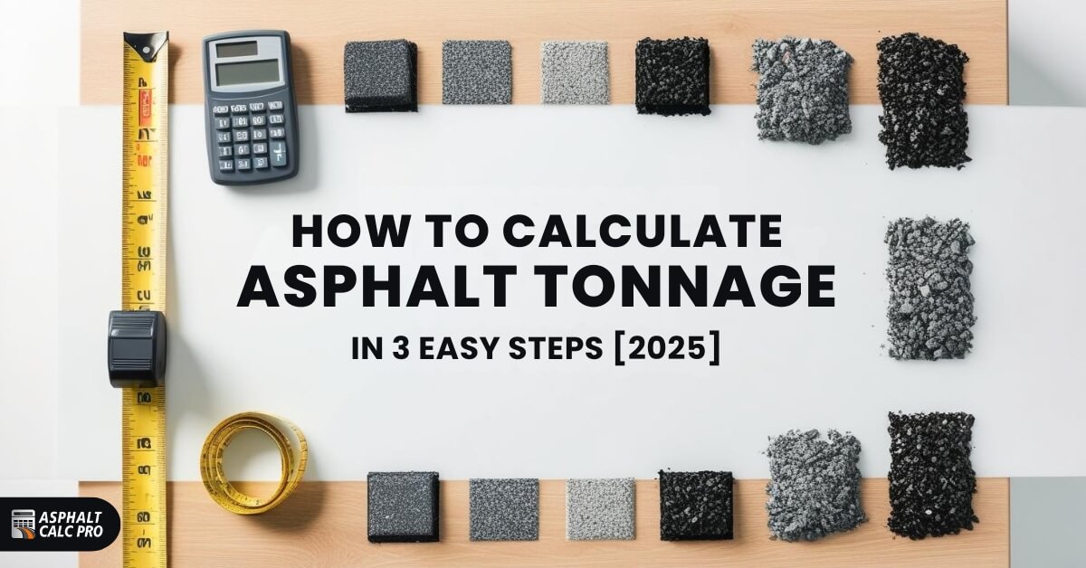 Flat lay image featuring a tape measure, calculator, and various asphalt samples arranged around the text 'HOW TO CALCULATE ASPHALT TONNAGE IN 3 EASY STEPS [2025]'. The bottom left corner includes the 'Asphalt Calc Pro' logo.