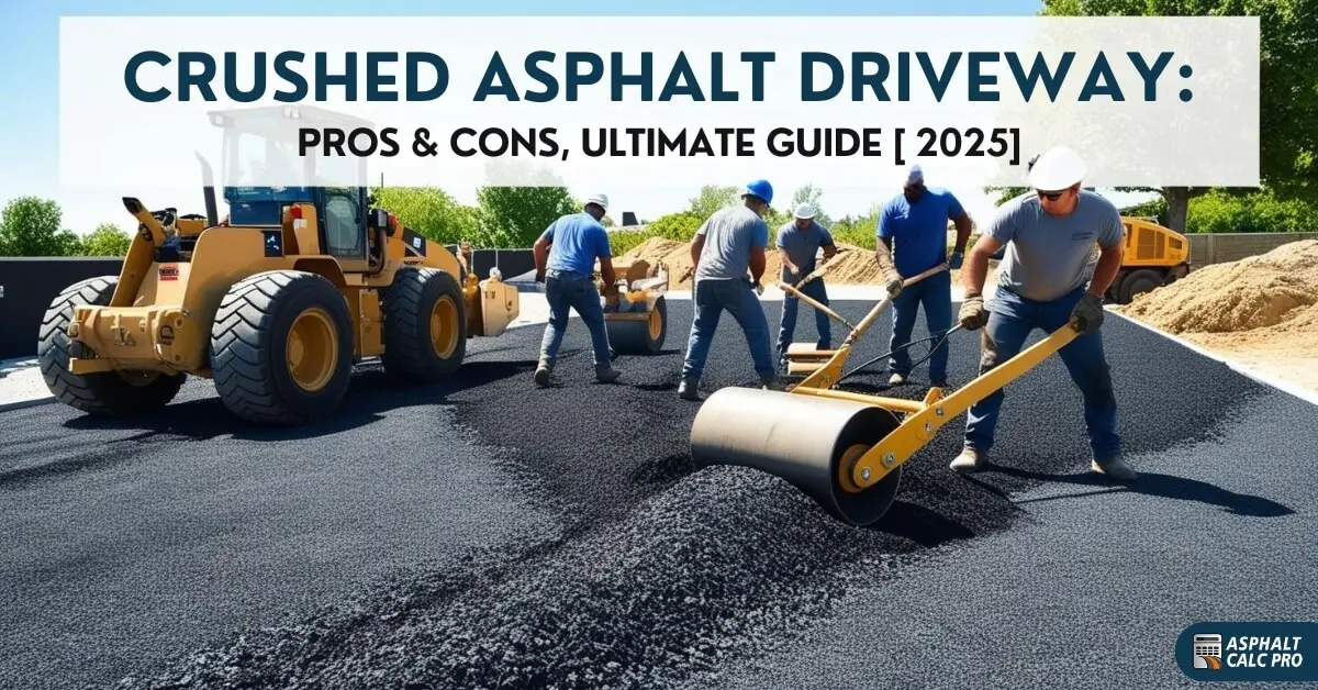Construction workers installing a crushed asphalt driveway using heavy machinery and hand tools, with the title "Crushed Asphalt Driveway: Pros & Cons, Ultimate Guide [2025]" and the Asphalt Calc Pro logo in the corner.