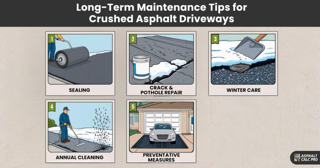 An infographic illustrating five long-term maintenance tips for crushed asphalt driveways. The five sections include: (1) Sealing - an image of a worker using a roller to seal the driveway, (2) Crack & Pothole Repair - an image showing a bucket of repair material next to cracks in the driveway, (3) Winter Care - an image of a shovel clearing snow from the driveway, (4) Annual Cleaning - an image of a worker using a hose and rake to clean the surface, and (5) Preventative Measures - an image of a car parked on protective mats in a driveway.